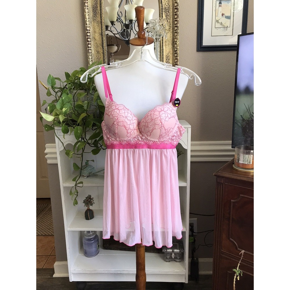 NWT Venus Sz M Push Up Bra Pink Babydoll Embroidered Lace Nightie Lingerie